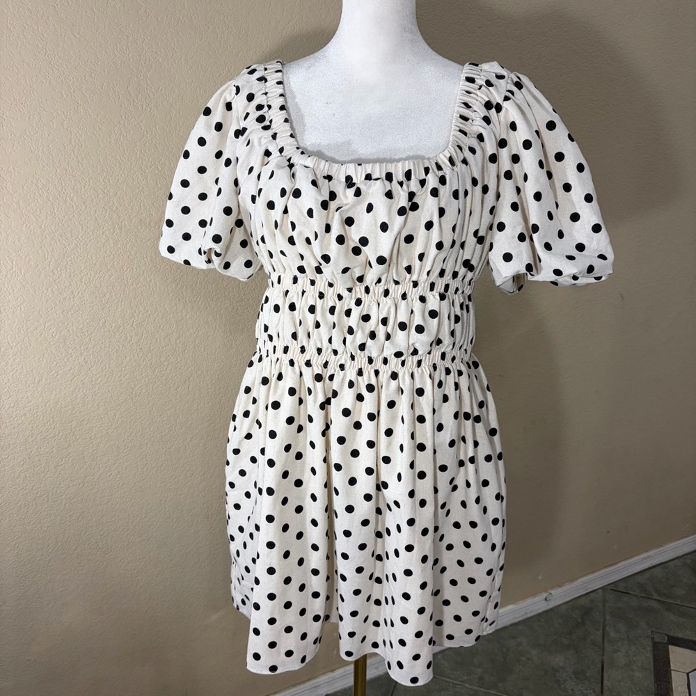 Bohme Polka Dot Black & Ivory Mini SunDress SZ- M NWT Beachy Cottagecore Peasant